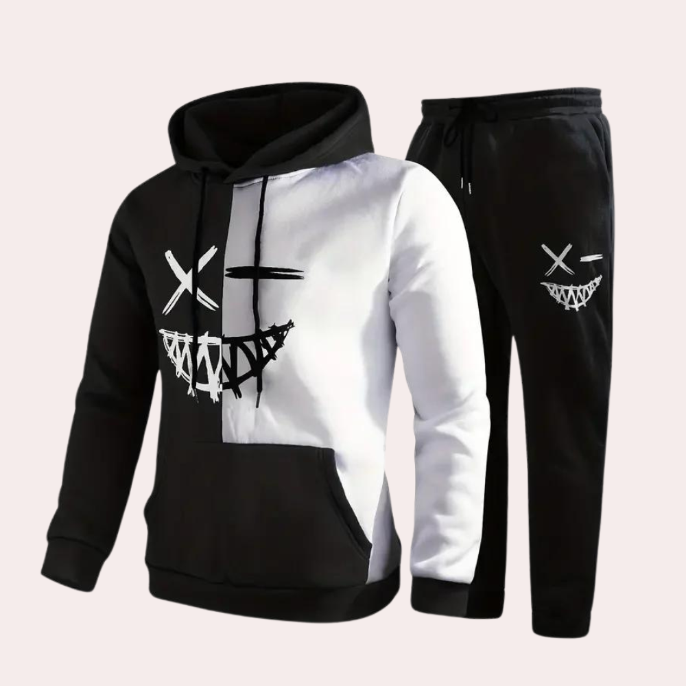 Men's Smiley Print Zip Tracksuit Set