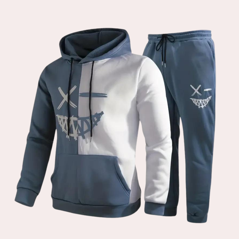 Men's Smiley Print Zip Tracksuit Set