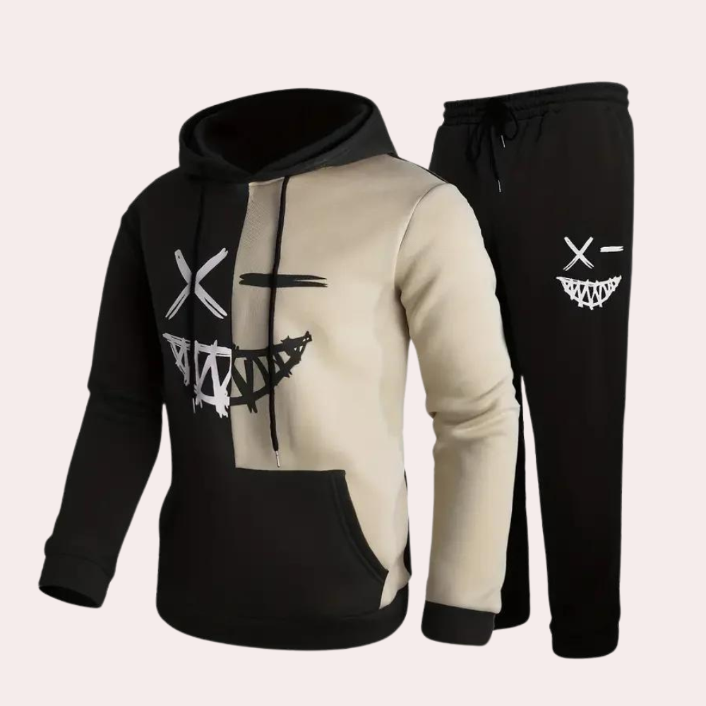 Men's Smiley Print Zip Tracksuit Set