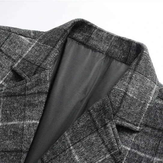 Wool Blend Plaid Overcoat Button Closure Long Style Coat