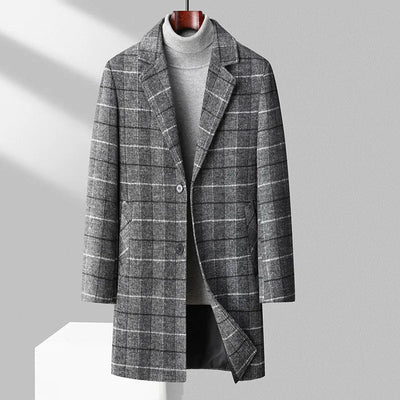 Wool Blend Plaid Overcoat Button Closure Long Style Coat