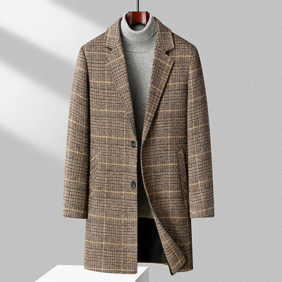 Wool Blend Plaid Overcoat Button Closure Long Style Coat