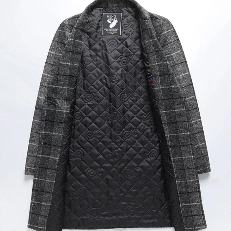 Wool Blend Plaid Overcoat Button Closure Long Style Coat