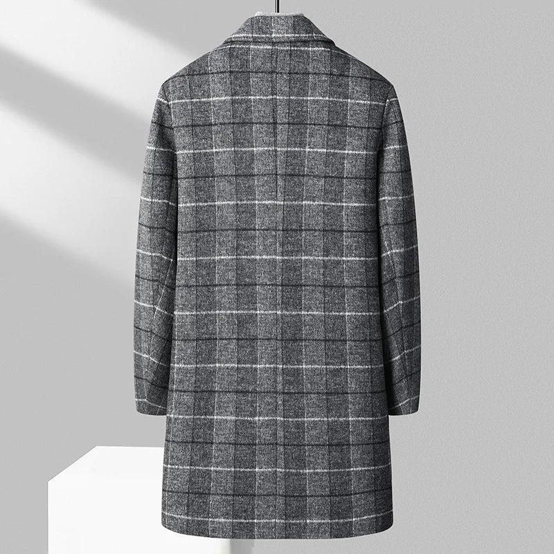 Wool Blend Plaid Overcoat Button Closure Long Style Coat
