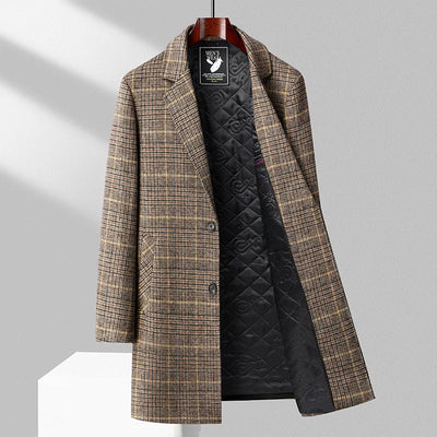 Wool Blend Plaid Overcoat Button Closure Long Style Coat